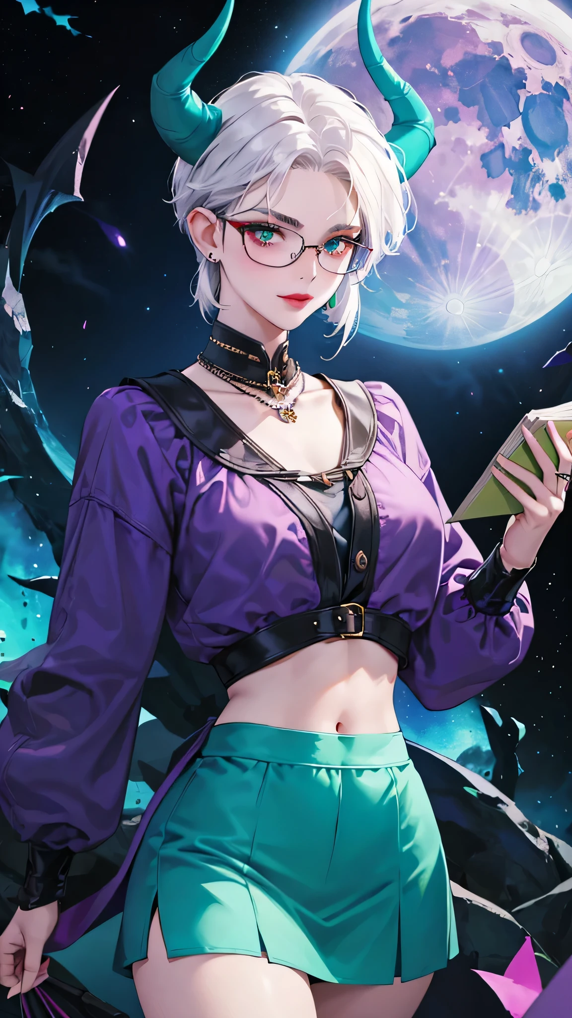 8k, masterpiece, best quality, highly detailed, 1 girl, tiefling, warlock, multicolored hair, very short straight hair green highlight hair on white hair, strippled hair, wearing glasses, round glasses, earrings, navel piercing, miniskirt, red eyeshadow, long eyelashes, blushed cheek, red lips, necklace, rings, collarbone, mole, glamorous, teal clothing, purple clothes, smirk, close up view, rings, looking at viewer, demon horns, solo, nightmarish landscape, blue pale moon, standing, cosmic horror, decaying, holding books