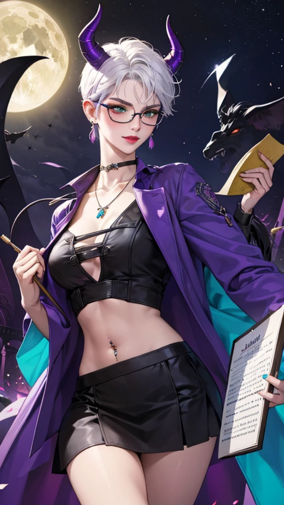 8k, masterpiece, best quality, highly detailed, 1 girl, tiefling, warlock, multicolored hair, very short straight hair green highlight hair on white hair, strippled hair, wearing glasses, round glasses, earrings, long dress with side cut, lace dress, red eyeshadow, long eyelashes,navel piercing, blushed cheek, necklace, collarbone, high heels, mole, glamorous, purple and teal clothing, villainy, smirk, seductive face, close up view, rings, looking at viewer, standing, demon horns, solo, hand touching cheek, school, black lace gloves, holding book, sensei, miniskirt.
