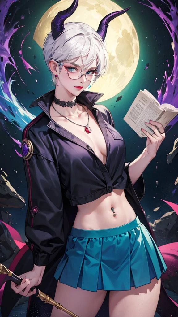 8k, masterpiece, best quality, highly detailed, 1 girl, tiefling, warlock, multicolored hair, very short straight hair green highlight hair on white hair, strippled hair, wearing glasses, round glasses, earrings, navel piercing, miniskirt, red eyeshadow, long eyelashes, blushed cheek, red lips, necklace, rings, collarbone, mole, glamorous, teal clothing, purple clothes, smirk, close up view, rings, looking at viewer, demon horns, solo, nightmarish landscape, blue pale moon, standing, cosmic horror, decaying, holding books