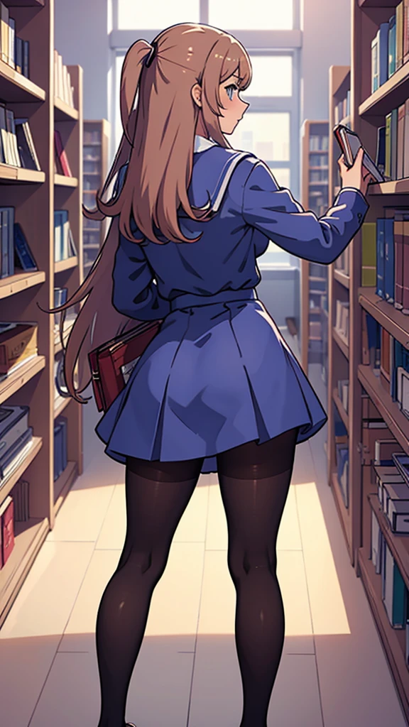 Back view,Pantyhose,high school girl,whole body,library,