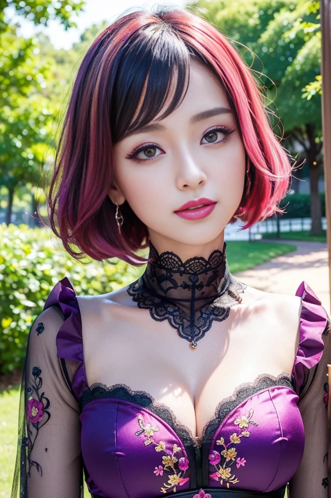(masterpiece:1.4), (best quality:1.4), ultra high res, ultra high resolution, ((detailed facial features)), HDR, (realistic, photorealistic, photo-realistic:1.37), full body Esbian, sexy Japanese model, (-anime), only 1 model, vivid colors, ((vivid colors multicolor (fuchsia, pink, light blue, purple) very short hair)), (happy smile), lip-gloss, long lashes, ultra detailed metallic makeup, defined eyebrows, wearing a red silk Paradise Kiss cosplay dress with black floral embroidery, ((vivid colors outfit)), vivid colors, look at the camera, cinematic light, large park background with trees, sweet and sexy pose