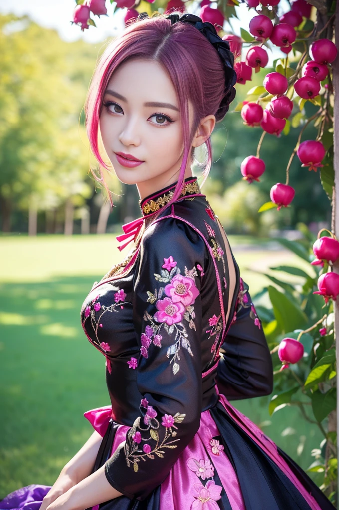 (masterpiece:1.4), (best quality:1.4), ultra high res, ultra high resolution, ((detailed facial features)), HDR, (realistic, photorealistic, photo-realistic:1.37), full body Esbian, sexy Japanese model, (-anime), only 1 model, vivid colors, ((vivid colors multicolor (fuchsia, pink, light blue, purple) very short hair)), ((smiling face)), lip-gloss, long lashes, beautiful makeup, defined eyebrows, wearing a red silk Paradise Kiss cosplay dress with black floral embroidery, ((vivid colors outfit)), vivid colors, look at the camera, cinematic light, large park background with trees, sweet and sexy pose
