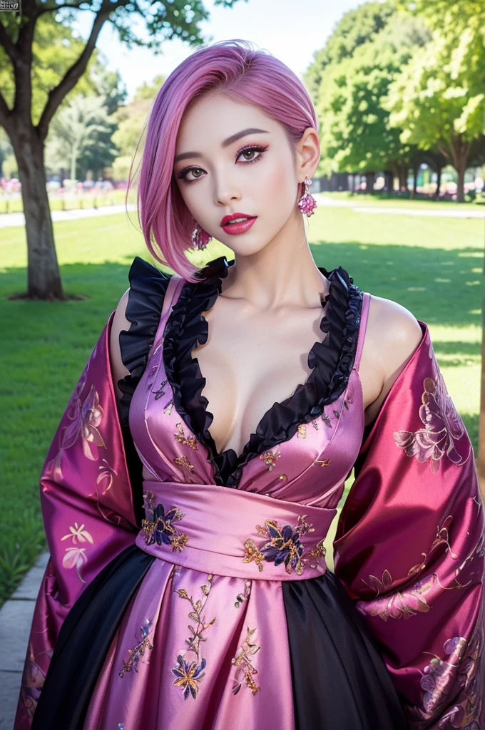 (masterpiece:1.4), (best quality:1.4), ultra high res, ultra high resolution, ((detailed facial features)), HDR, (realistic, photorealistic, photo-realistic:1.37), full body Esbian, sexy Japanese model, (-anime), only 1 model, vivid colors, ((vivid colors multicolor (fuchsia, pink, light blue, purple) very short hair)), (happy smile), lip-gloss, long lashes, ultra detailed metallic makeup, defined eyebrows, wearing a red silk Paradise Kiss cosplay dress with black floral embroidery, ((vivid colors outfit)), vivid colors, look at the camera, cinematic light, large park background with trees, sweet and sexy pose