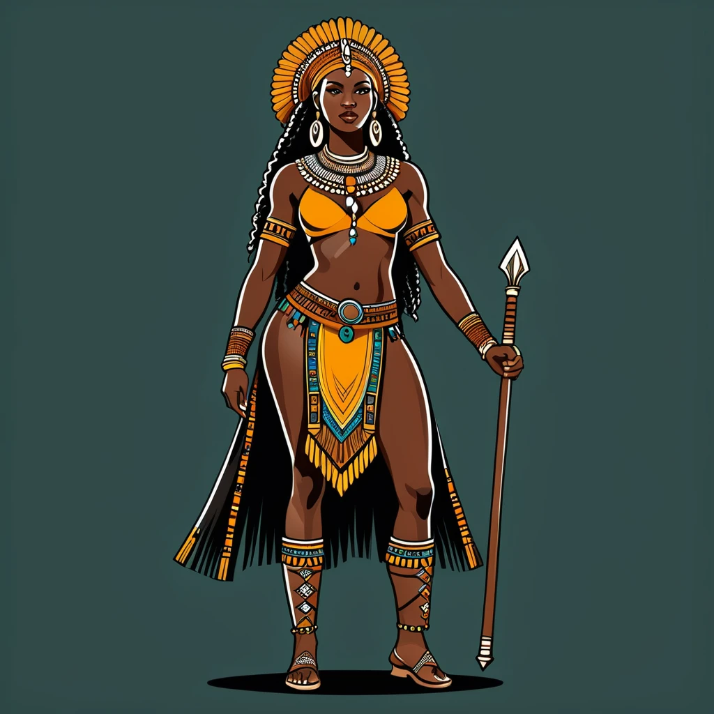 viking amazon in african folk outfit, vector graphics, strong contours
