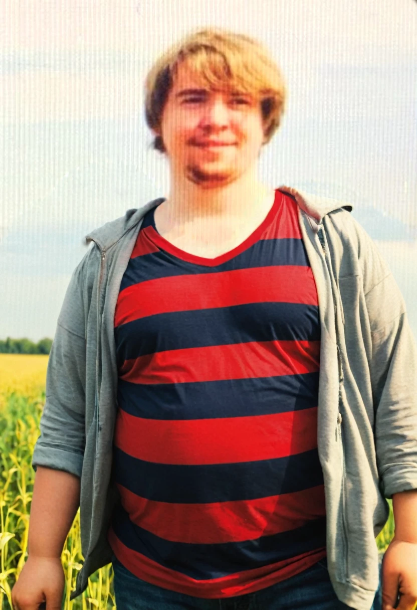 A man is standing in the field, tight red t-shirt, chubby, fat, he has a round belly, thick love handles,