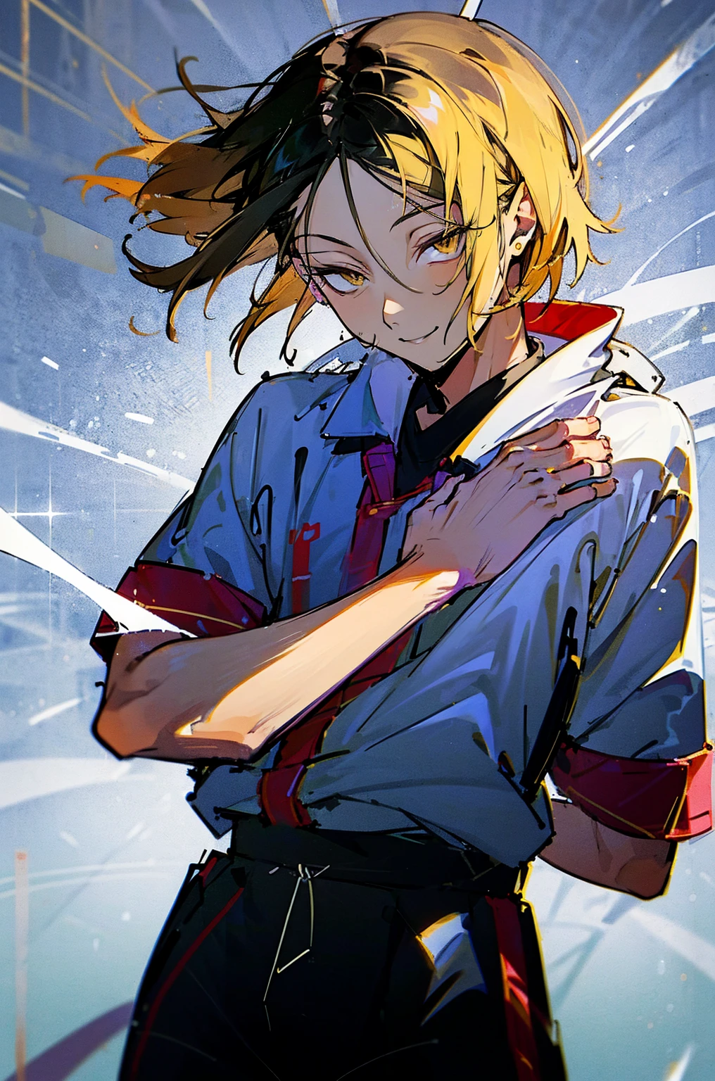 (hutaodef:1.2),black h在 with h在 ,white 背,
Kenma Kozume,smile white shirt,Black wide-leg pants,one person,
