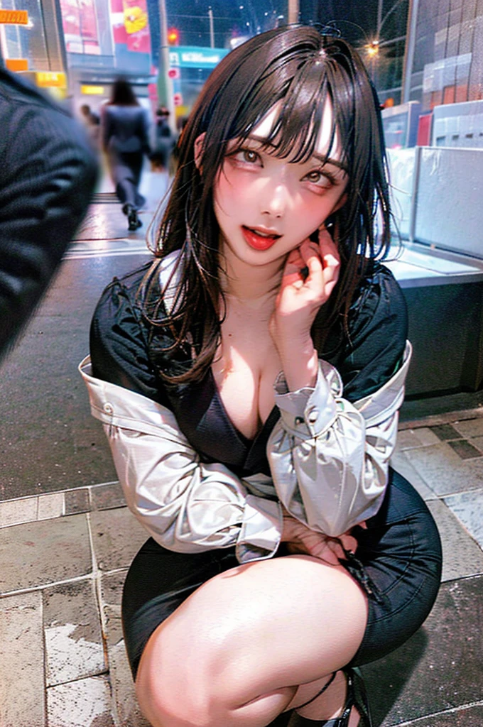 Cleavage,Window glass in the background,Night view,room,desk,computer,monitor,allfours:1.5,masterpiece,quality,High resolution,高quality,Realistic,Brown Hair,blunt bangs,business suit,Pencil Skirt,Black jacket,White collared shirt,whole body,Ahegao,Drooling:2.0,Sweat:2.0,High heels,Male hand,Blue remote controller