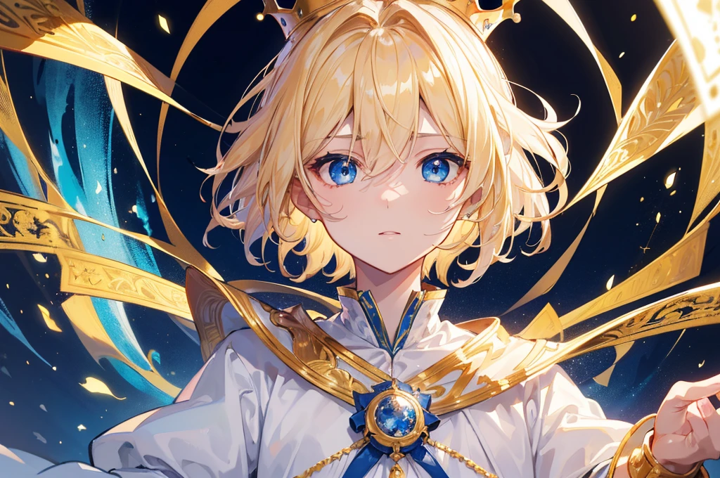 (Highest quality) (4K) (8k) (High resolution) (masterpiece:1.2) (Super detailed) One boy short hair Wizard Blue Eyes Long sleeve Golden decoration Hair between the eyes White Dress Wavy golden hair Upper Body (large crown) (White Background) front Face close-up Cast a spell