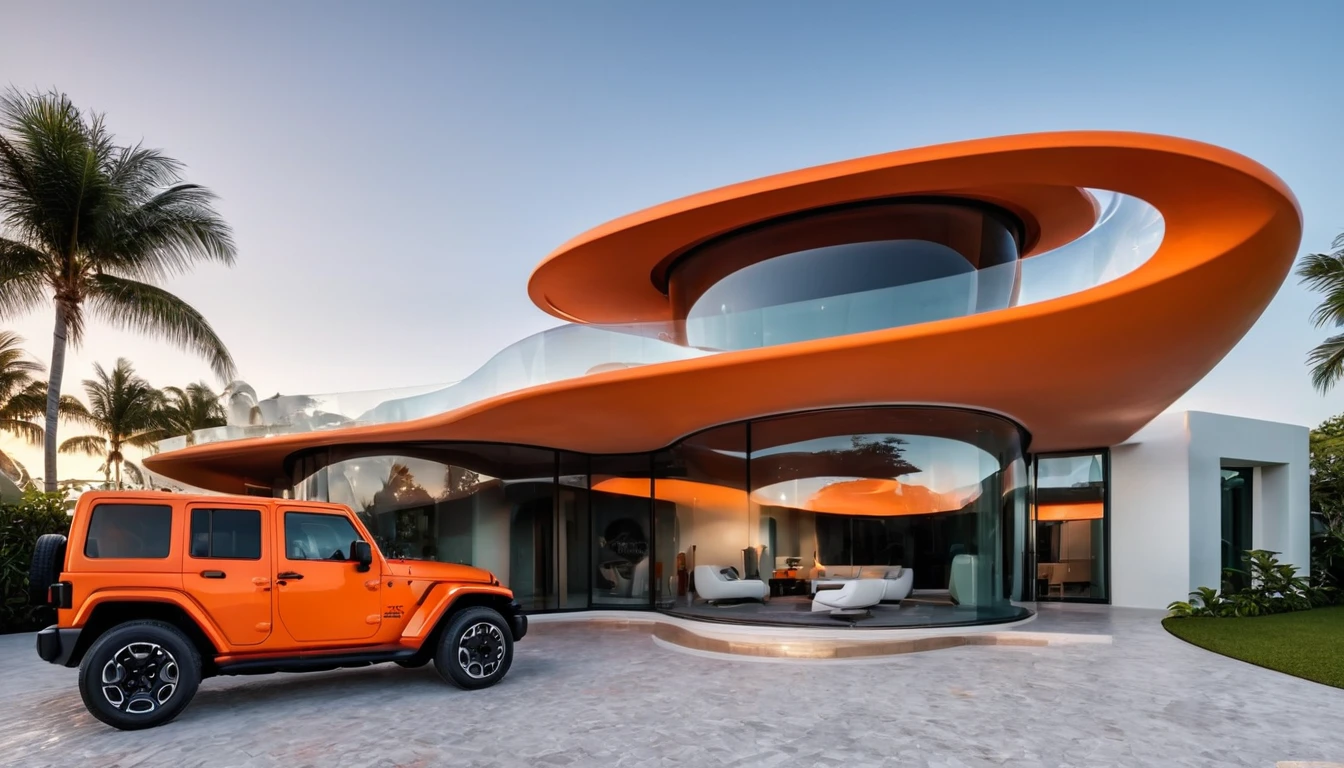 a futuristic house with an orange jeep wrangler parked in front of it, cgsocietywlop, beautiful curves, intricate devilish designs, qualia, interesting shapes & form, wow factor, elaborate polished, architectural rendering, miami, orange soft lighting in interior of house, futuristic battlefield, inspired by James E. Brewton, precise architectural rendering