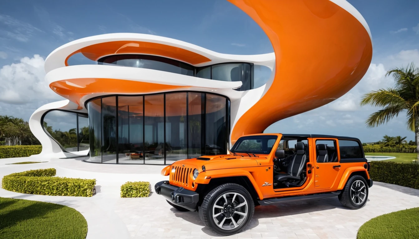 a futuristic house with an orange jeep wrangler parked in front of it, cgsocietywlop, beautiful curves, intricate devilish designs, qualia, interesting shapes & form, wow factor, elaborate polished, architectural rendering, miami, orange soft lighting in interior of house, futuristic battlefield, inspired by James E. Brewton, precise architectural rendering