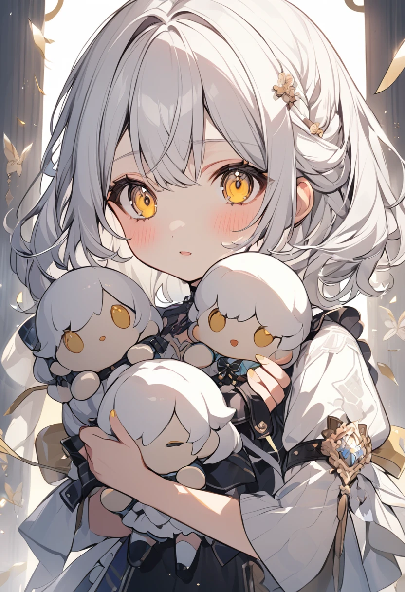 girl cute Holding a doll White Hair Yellow Eyes