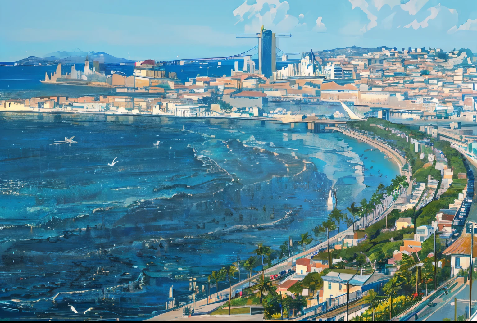 arafly To view of a city with a large body of water, surrounding the city, lisbon, stunning visual, Manila, by Felipe Device, far To view, bird eye To view, savanna, tropical coastal city, amazing To view, the sea seen behind the city, port city, To view, nice To view, city To view, Salvador city, Amazing, Naples, seashore