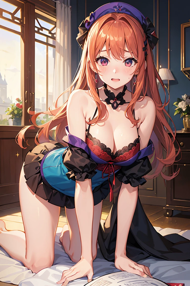 ((Highest quality、High resolution、Highly detailed CG Unity 8k wallpaper))、Adult female, Sexy Witch Cosplay, Long dark blonde wavy hair、Off-the-shoulder knit, Black pencil mini skirt, 、Medium Milk, blush, Embarrassed Laugh, Expose your shoulders、(Pose to lean forward and emphasize the chest)、Sexy purple and red bra、((blue and red lace panties))、Gorgeous magic wand and book、Hotel swimming pool、night、Sexy pose、Accentuate your butt、((Embarrassed expression))、On all fours