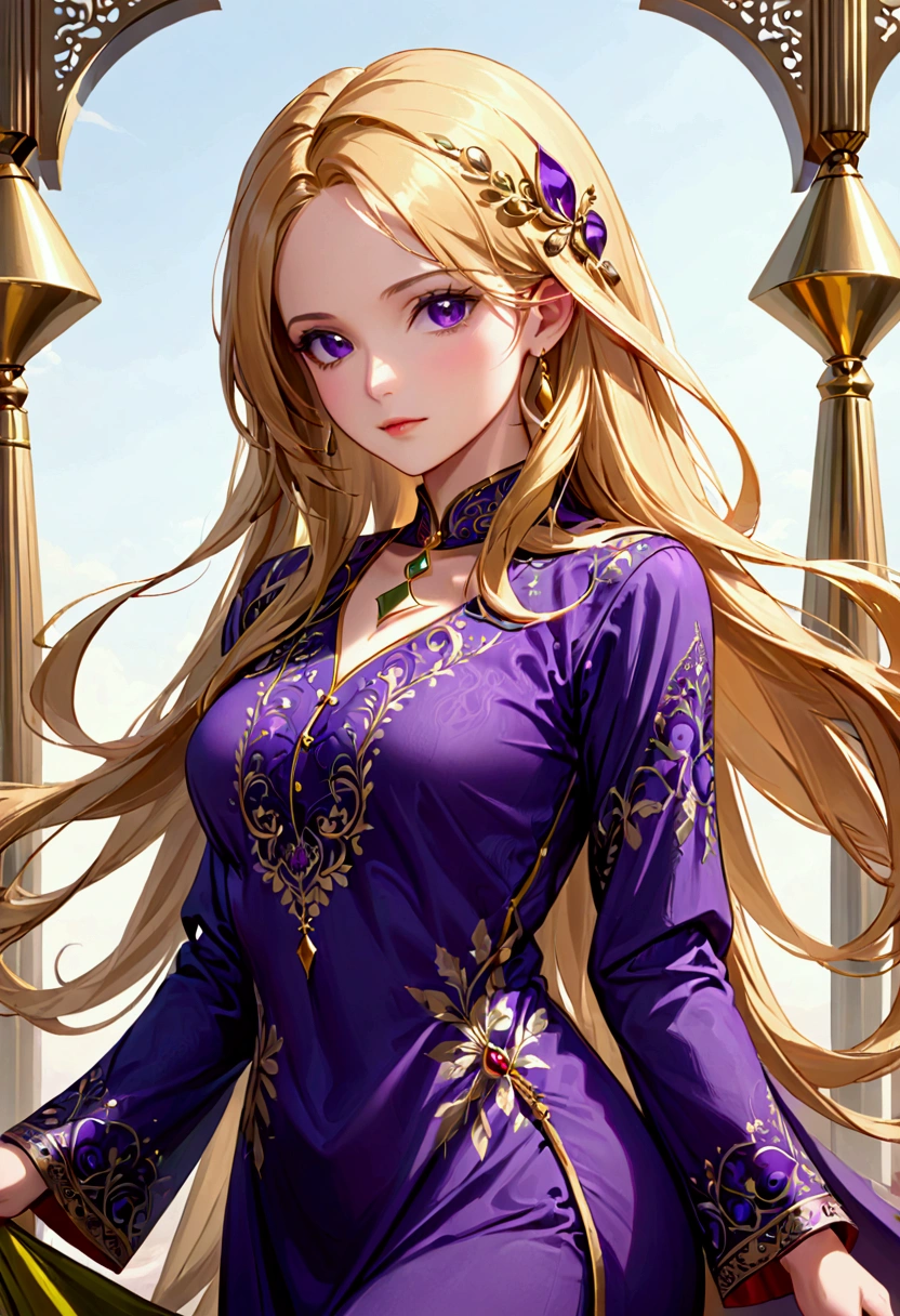 Adult female,long golden hair, purple eyes,hourglass body figure, Pakistani clothes