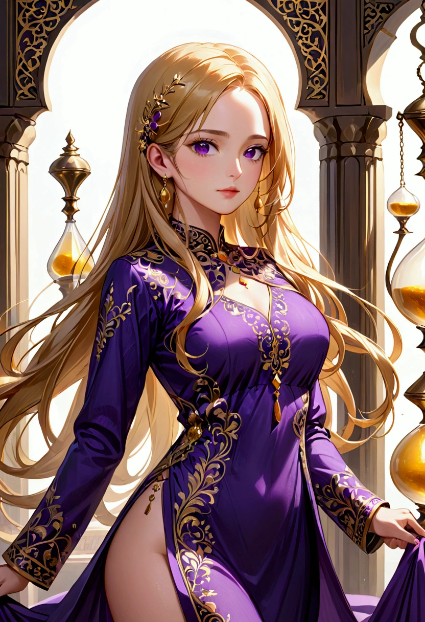 Adult female,long golden hair, purple eyes,hourglass body figure, Pakistani clothes