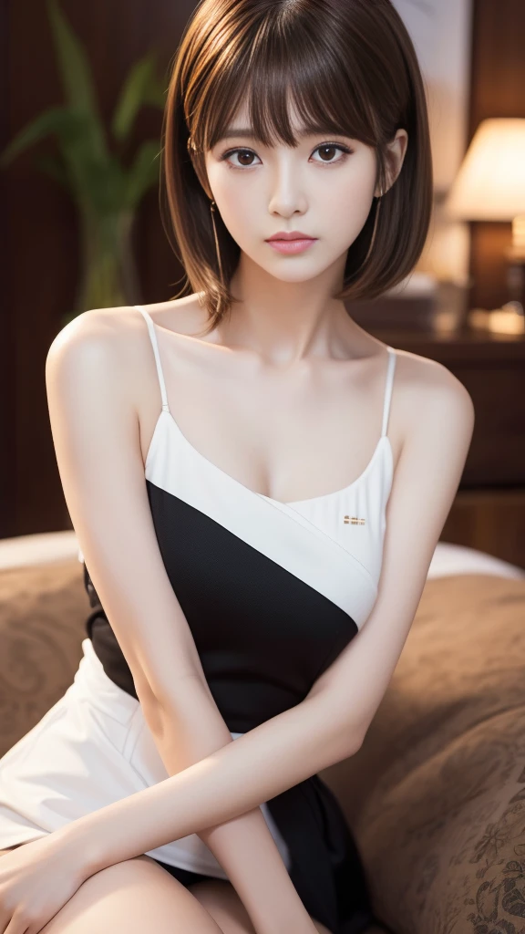 Ultra-high resolution, Superior Quality, Highest quality, Very detailed, Realistic, 8k, RAW Photos, Highest quality, masterpiece, Attractive girl, Awesome girl, Brown Hair, Shoulder-length layers, Asymmetrical bangs, K-POPアイドル, Sophisticated, stylish, White camisole, Black hibuya Ward, Short Hair
