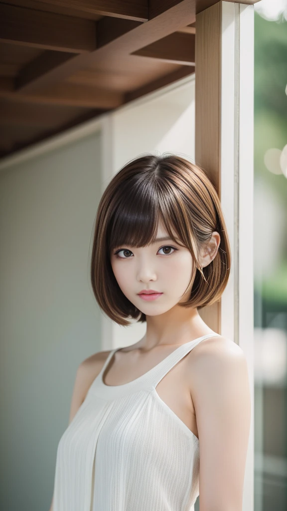 Ultra-high resolution, Superior Quality, Highest quality, Very detailed, Realistic, 8k, RAW Photos, Highest quality, masterpiece, Attractive girl, Awesome girl, Brown Hair, Shoulder-length layers, Asymmetrical bangs, K-POPアイドル, Sophisticated, stylish, White camisole, Black hibuya Ward, Short Hair