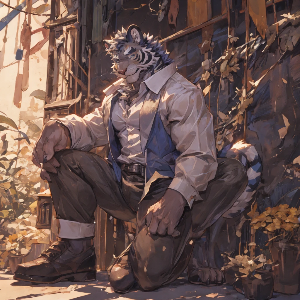 {{bara extremely handsome white tiger,}} {{white fur,}} white, professional model like, wearing elegant ornate suit jacket, trousers, white dress shirt and neck tie, loafers, very tall, very broad shoulders, narrow waist, muscular arms, massive pecs, purple eyes, very long legs, massive bulge, sophisticated hot look, 3/4 view, best quality, high detail, CG image, character splash art, silver earring on left ear, sultry smirk