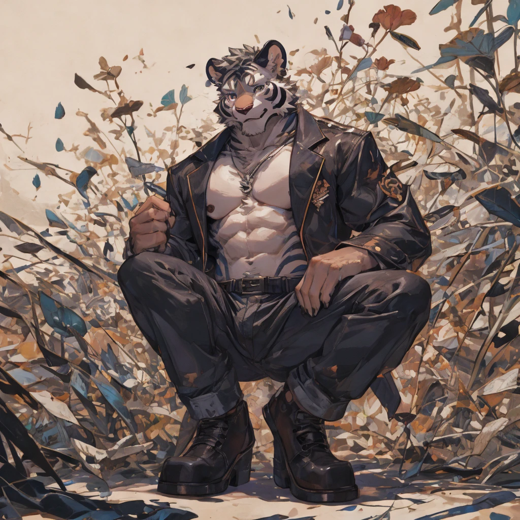 {{bara extremely handsome white tiger,}} {{white fur,}} white, professional model like, wearing elegant ornate suit jacket, trousers, white dress shirt and neck tie, loafers, very tall, very broad shoulders, narrow waist, muscular arms, massive pecs, purple eyes, very long legs, massive bulge, sophisticated hot look, 3/4 view, best quality, high detail, CG image, character splash art, silver earring on left ear, sultry smirk