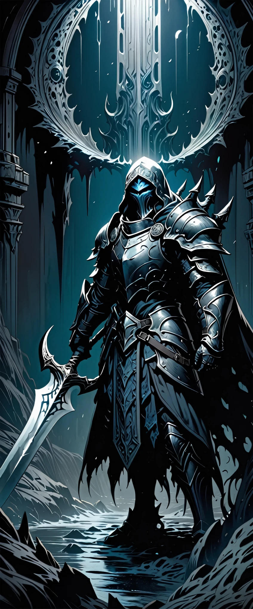 (masterpiece:1.2),(Highest quality),(Highest quality),(Super detailed),(Ultra-high resolution),8k,wallpaper,(Dark Souls style illustration),(Watcher of the Abyss),Abyssal Sword,Abyssal Armor,Abyssal Shield,(One person: 1.5),The background is a gradient of black, blue and grey,Very deep darkness