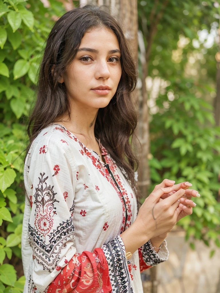 A young woman with long, wavy black hair is standing outdoors. She is wearing a light-colored traditional dress with intricate red, black, and white embroidery. The background features lush green foliage and a soft, sunlit ambiance. The woman is gazing into the camera with a calm expression, holding both hands close to each other, revealing a circular henna design on the back of one hand.