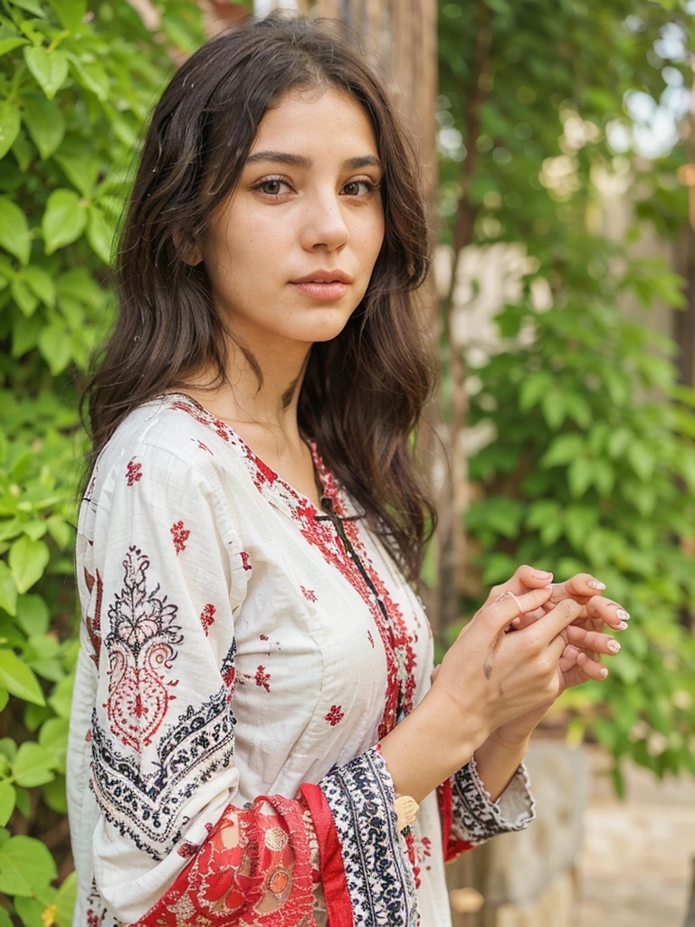 A young woman with long, wavy black hair is standing outdoors. She is wearing a light-colored traditional dress with intricate red, black, and white embroidery. The background features lush green foliage and a soft, sunlit ambiance. The woman is gazing into the camera with a calm expression, holding both hands close to each other, revealing a circular henna design on the back of one hand.