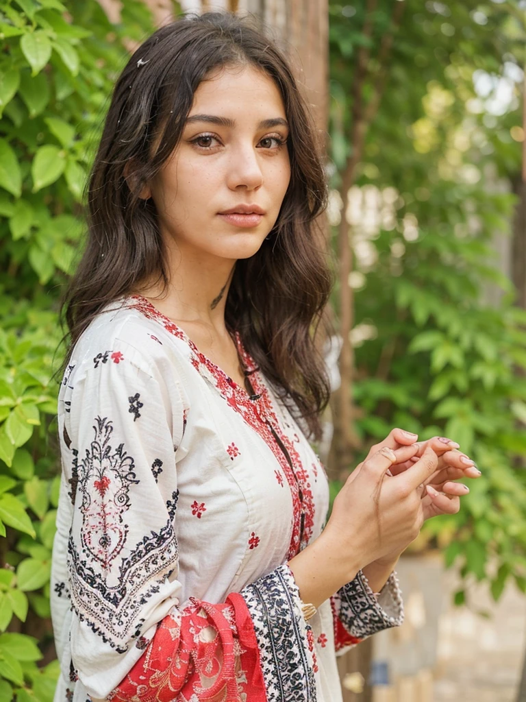 A young woman with long, wavy black hair is standing outdoors. She is wearing a light-colored traditional dress with intricate red, black, and white embroidery. The background features lush green foliage and a soft, sunlit ambiance. The woman is gazing into the camera with a calm expression, holding both hands close to each other, revealing a circular henna design on the back of one hand.