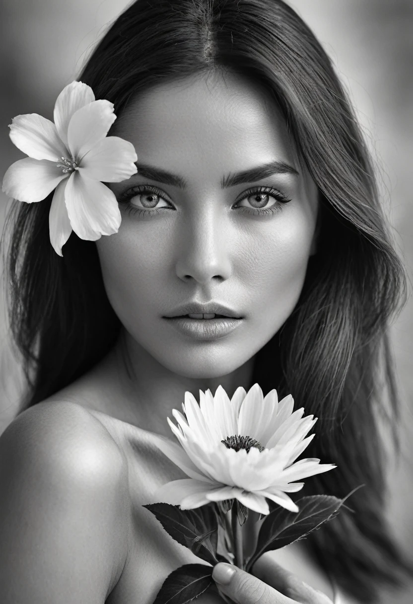 A black and white photo in raw format, zooming in on the intricate details of a woman's face, revealing her delicate skin and her expressive eyes. Frame the shot with a solitary striking flower, delicately held in the woman's hand, adding a touch of softness and femininity to the composition, enhancing the dramatic contrast and textures of the monochrome image.