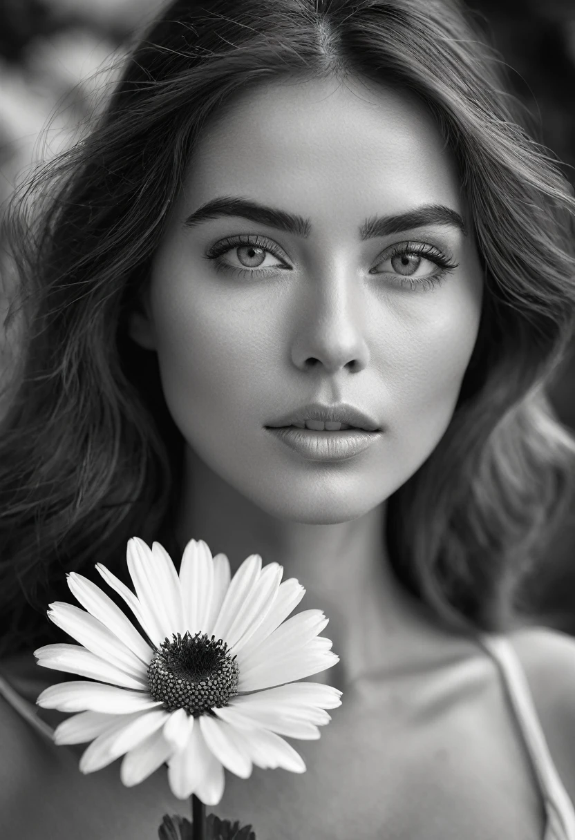 A black and white photo in raw format, zooming in on the intricate details of a woman's face, revealing her delicate skin and her expressive eyes. Frame the shot with a solitary striking flower, delicately held in the woman's hand, adding a touch of softness and femininity to the composition, enhancing the dramatic contrast and textures of the monochrome image.