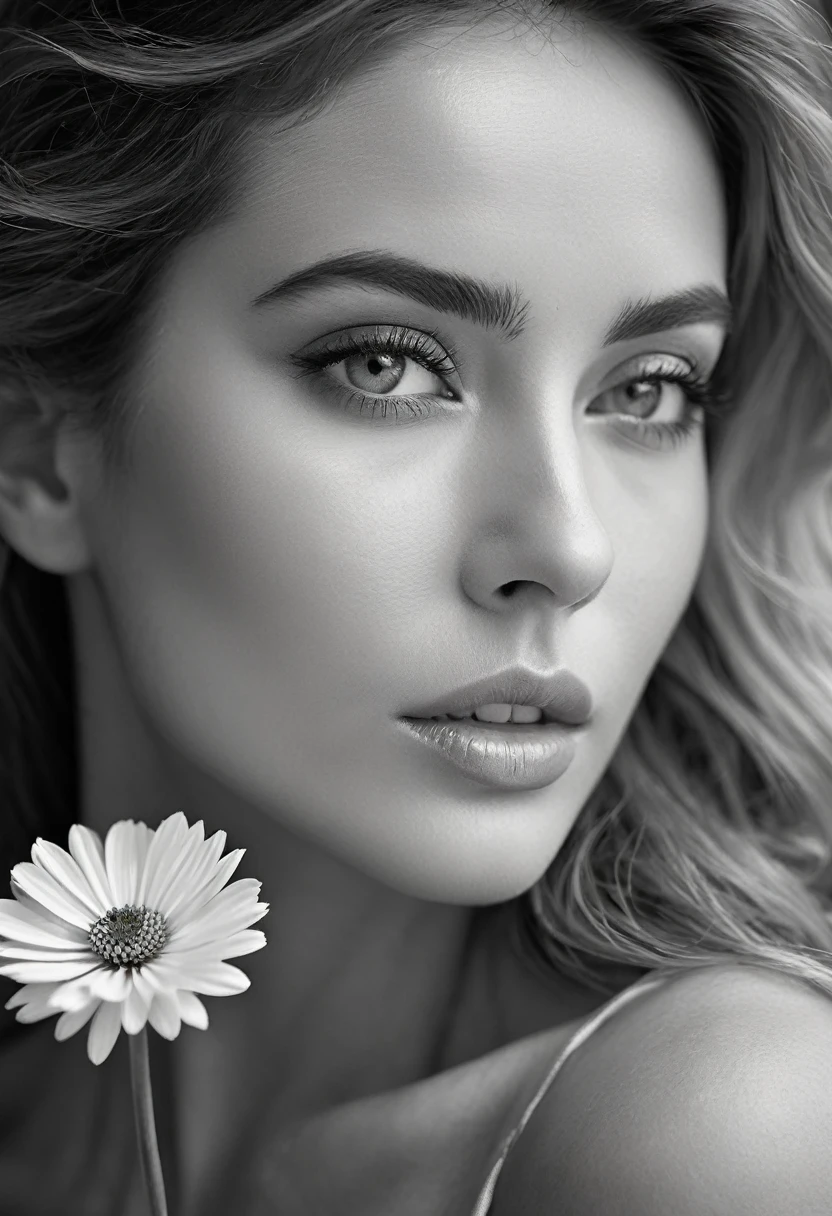 A black and white photo in raw format, zooming in on the intricate details of a woman's face, revealing her delicate skin and her expressive eyes. Frame the shot with a solitary striking flower, delicately held in the woman's hand, adding a touch of softness and femininity to the composition, enhancing the dramatic contrast and textures of the monochrome image.