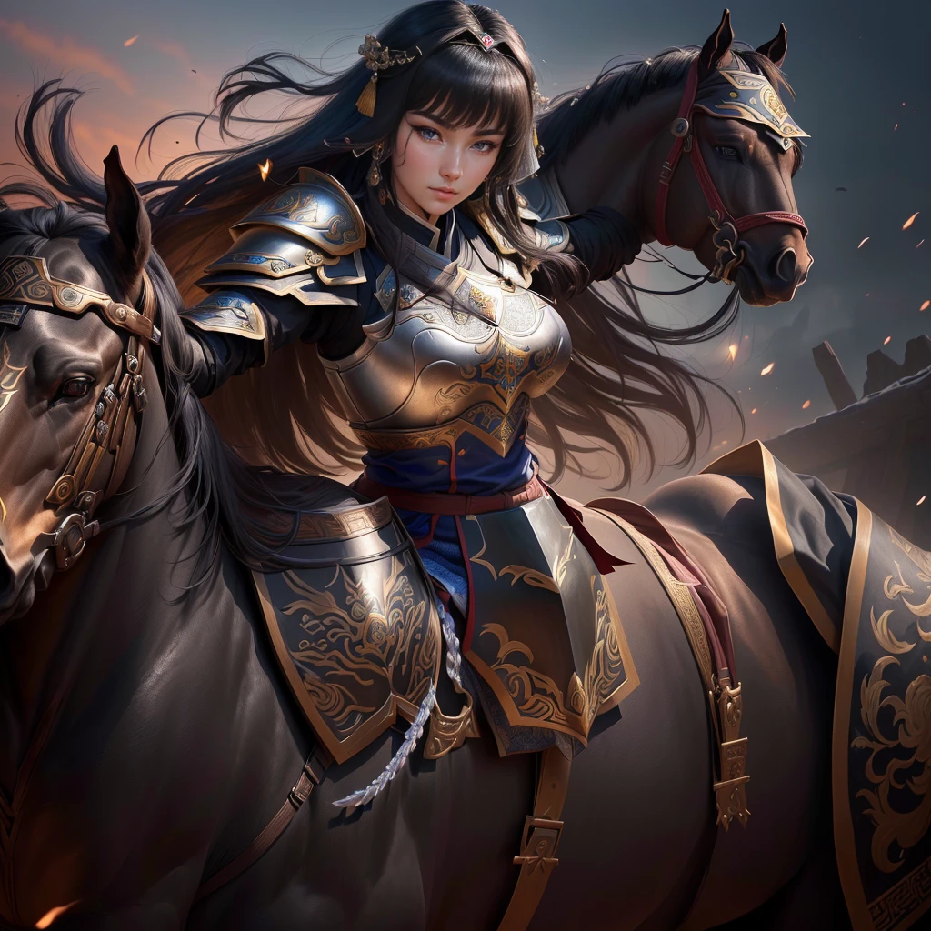 (a close up of a woman in armor riding a horse), zhao yun, mongol, genghis khan, xianxia hero, guan yu, naranbaatar ganbold, persian warrior, photo of genghis khan, inspired by Fan Kuan, inspired by Huang Shen, inspired by Cao Zhibai, inspired by Zhao Yuan, , Highly detailed CG unit 8k wallpaper, masterpiece, High resolution, highest quality, highest quality real texture skin, Super Real, Digital Painting, Best image quality, 最High resolution, 8k, (((Highly detailed eyes and face, Beautiful eyes every detail))), disproportionate breasts, huge breasts, sagging breasts, gigantic breasts, black hair,