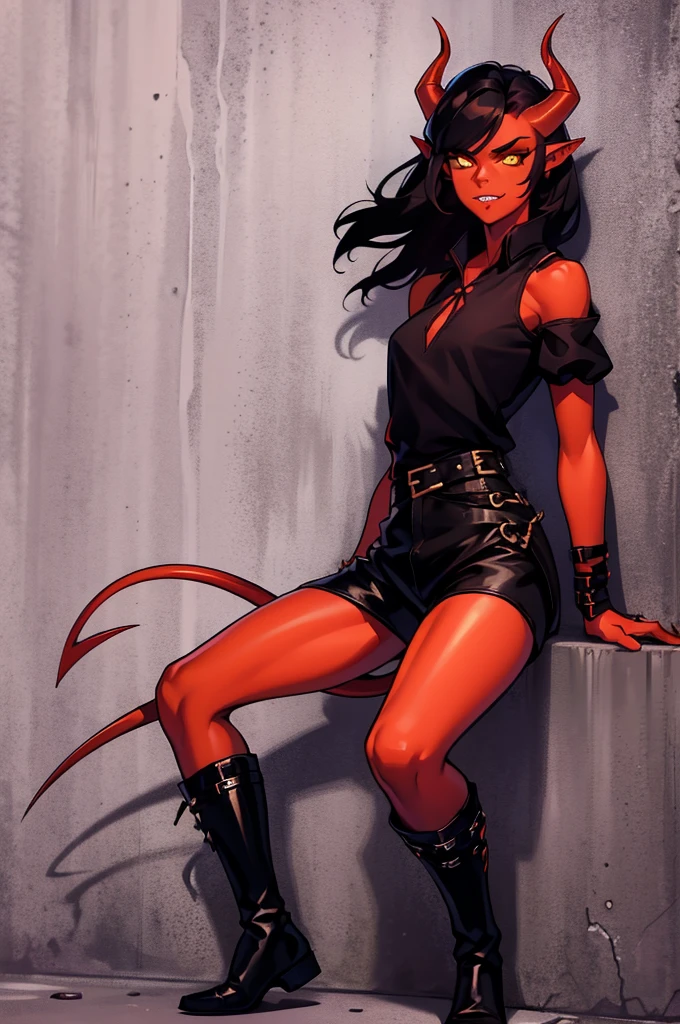 1 girl, tiflin, Redskin, yellow eyes, black sclera, pointy ears, red horns, short shoulder length wavy black hair, Sharp teeth, black sleeveless shirt, black shorts, black off shoulder sleeves, dishonest clothing, demon tail, black boots, dagger in hand, leaning on a wall, looks 25 years old