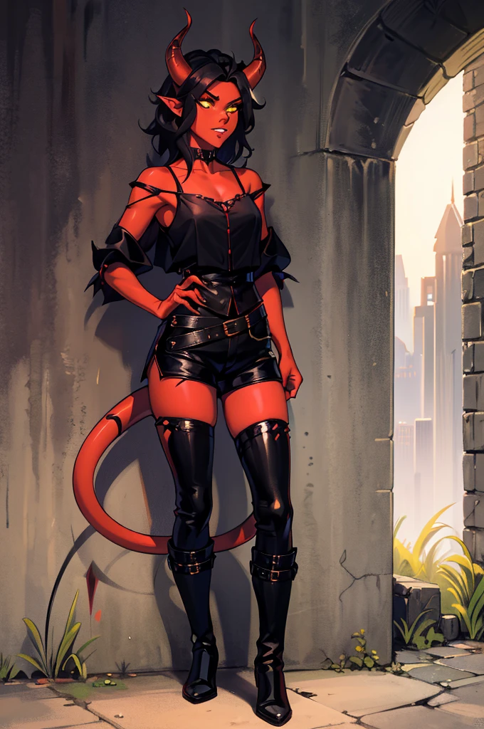 1 girl, tiflin, Redskin, yellow eyes, black sclera, pointy ears, red horns, short shoulder length wavy black hair, Sharp teeth, black sleeveless shirt, black shorts, black off shoulder sleeves, dishonest clothing, demon tail, black boots, dagger in hand, leaning on a wall, looks 25 years old