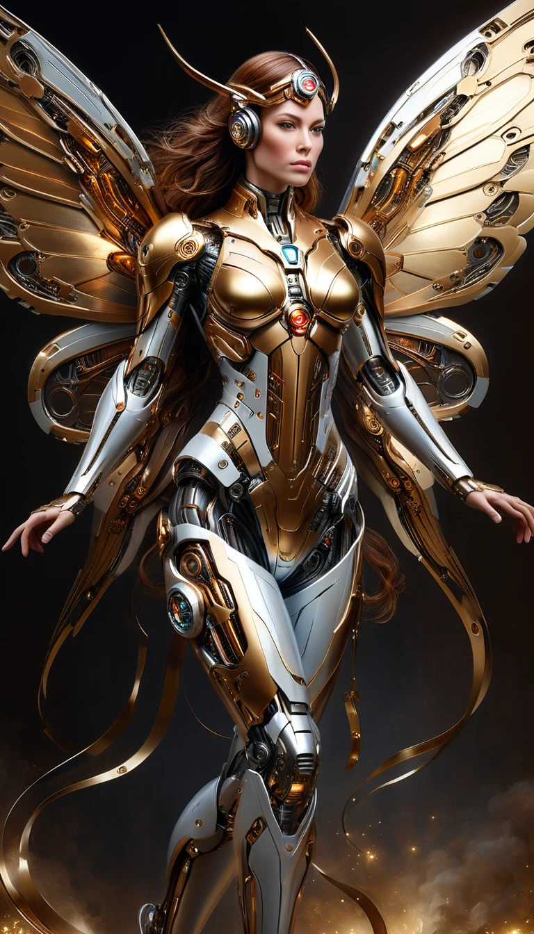 full body showing wings of the cyborg with brown hair, complexe, élégant, très détaillé, majestueux, la photographie numérique, art par artgerm et ruan jia et greg rutkowski peinture surréaliste filigrane de papillon d'or, pièce maîtresse, éclairage latéral, beau cauchemar finement détaillé:1.2), HDR, Dieu rayons, Tracé laser, le réalisme, Meilleure qualité, 16k, haute résolution, peau texturée, Super détail, Tiré par devant.