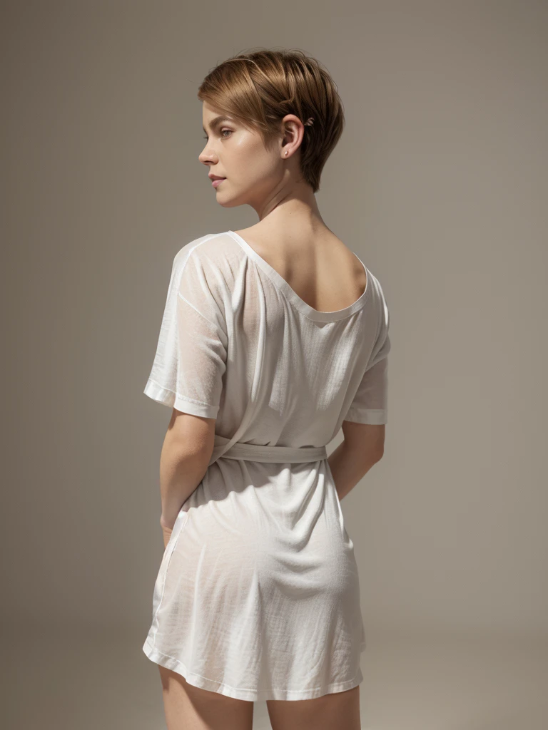 (Kate Mara: 1.0), androgynous, small and cute ears, she is in a (((white nightshirt))), (((thin nightshirt))), (v-neck nightshirt), (a little bit slipped to the left nightshirt), gentle, (Seductive Smile: 0.8), (((pixie hair))), (short hair), ((blond brown hair)), Warm, ((standing)), ((hands clasped behind his back)), single person, concept art, symmetry, masterpiece, (high details), high quality, highres, 16k, anatomically correct, super detail, high details, high quality, highres, 16k, anatomically correct, super detail