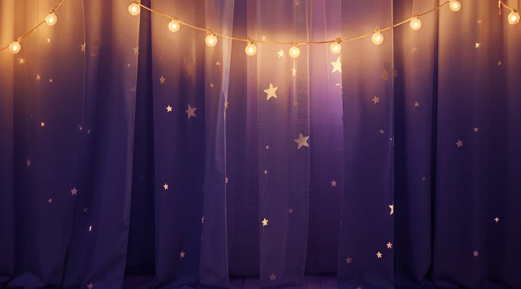 The image presents a charming view of a children's cot set against a backdrop of deep purple curtains adorned with twinkling stars. The cot features a sturdy, warm orange frame, complementing the magical atmosphere. Overhead, a string of glowing, warm yellow lights adds a gentle, comforting illumination, enhancing the dreamlike quality of the scene. This setup creates a serene and inviting space, perfect for a child's restful night. The purple background adds a vibrant contrast to his attire and accessories.аffects render, (glossy plastic texture with multiple big light probe refractions), perfect cgi, smooth silhouette, high intensity refraction, (super glossy plastic material), most beautiful vfx, , realistic, 4k, high resolution, rim light, smooth 3d model, multiple light sources, rim light, sharp post effects render,, realistic, 4k, high resolution, rim light detailed digital art, reflective, best quality, 4k, masterpiece:1.2, ultra-detailed, realistic, vivid colors, The image of the highest quality, ensuring every detail showcased perfectly. It in 4k resolution, allowing viewers to immerse themselves in the richness of the colors and intricate details. The realistic rendering. under the spotlight, reflecting, high-resolution image, realistic rendering