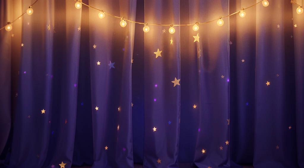 The image presents a charming view of a children's cot set against a backdrop of deep purple curtains adorned with twinkling stars. The cot features a sturdy, warm orange frame, complementing the magical atmosphere. Overhead, a string of glowing, warm yellow lights adds a gentle, comforting illumination, enhancing the dreamlike quality of the scene. This setup creates a serene and inviting space, perfect for a child's restful night. The purple background adds a vibrant contrast to his attire and accessories.аffects render, (glossy plastic texture with multiple big light probe refractions), perfect cgi, smooth silhouette, high intensity refraction, (super glossy plastic material), most beautiful vfx, , realistic, 4k, high resolution, rim light, smooth 3d model, multiple light sources, rim light, sharp post effects render,, realistic, 4k, high resolution, rim light detailed digital art, reflective, best quality, 4k, masterpiece:1.2, ultra-detailed, realistic, vivid colors, The image of the highest quality, ensuring every detail showcased perfectly. It in 4k resolution, allowing viewers to immerse themselves in the richness of the colors and intricate details. The realistic rendering. under the spotlight, reflecting, high-resolution image, realistic rendering