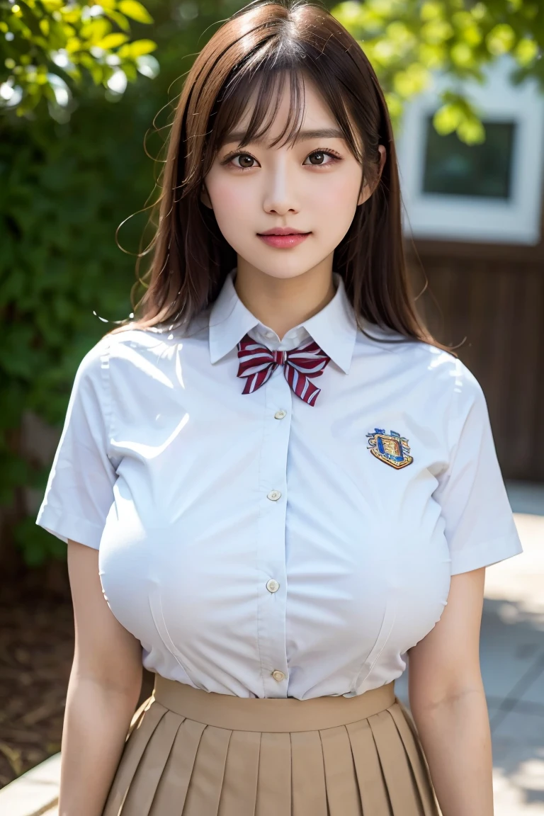 (Best quality,masterpiece,ultra detailed,8K,RAW photo,realistic,high resolution:1.2),(Pretty Japanese girl),(Super huge tits:1.4),(light brown hair),(school uniform,white collared shirt,pleated skirt:1.4),(muscular:1.6),(shoulder length),(light smile),(huge arms:1.5)