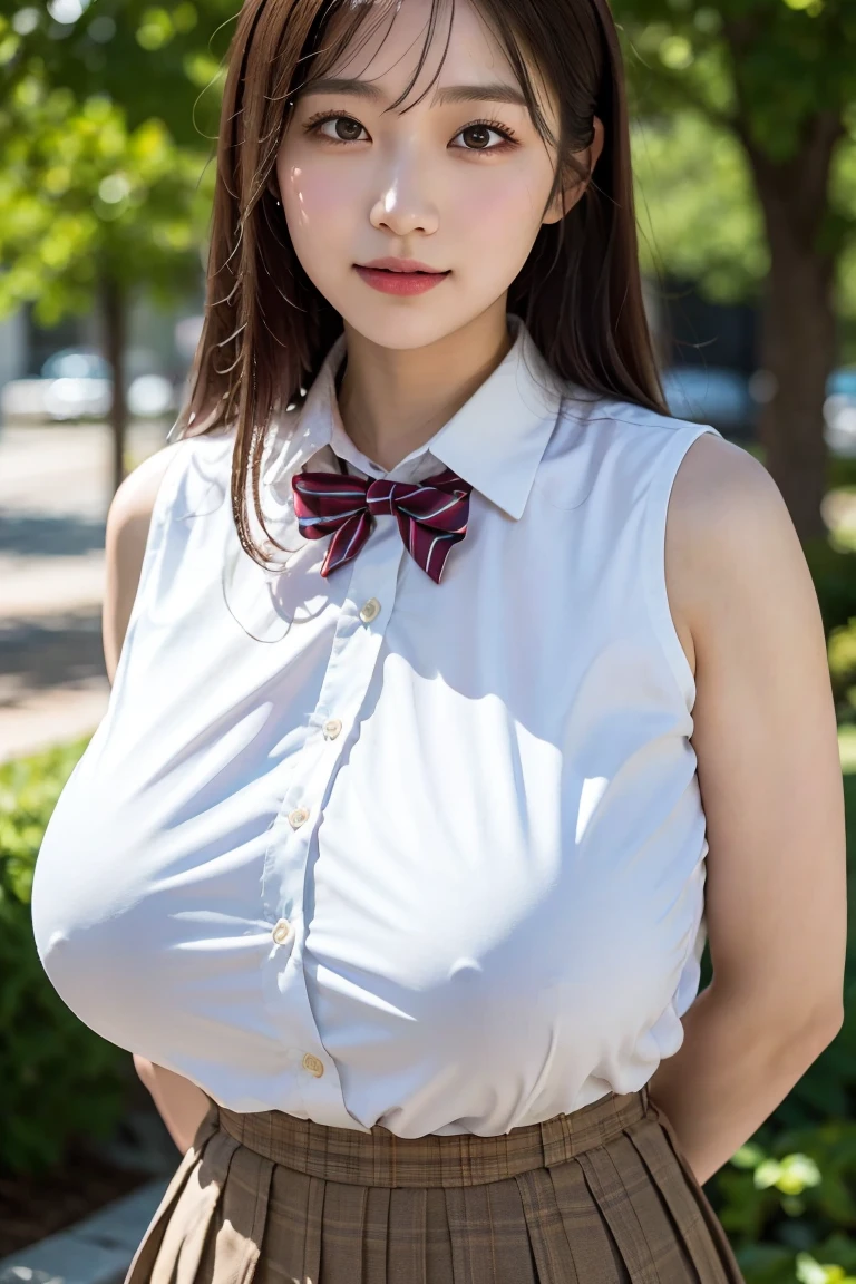(Best quality,masterpiece,ultra detailed,8K,RAW photo,realistic,high resolution:1.2),(Pretty Japanese girl),(Super huge tits:1.4),(light brown hair),(school uniform,white collared shirt,pleated skirt:1.4),(muscular:1.6),(shoulder length),(light smile),(huge arms:1.5)