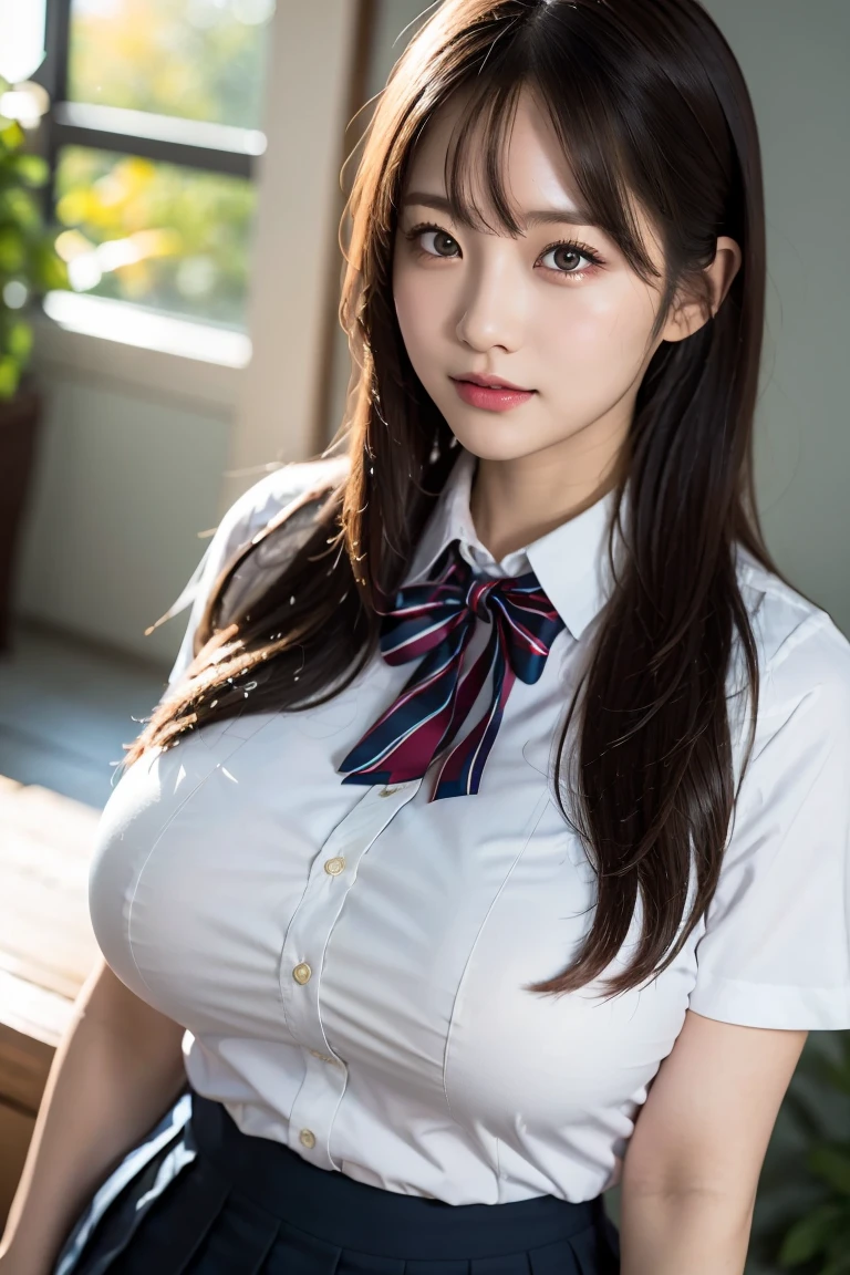 (Best quality,masterpiece,ultra detailed,8K,RAW photo,realistic,high resolution:1.2),(Pretty Japanese girl),(Super huge tits:1.4),(light brown hair),(school uniform,white collared shirt,pleated skirt:1.4),(muscular:1.6),(shoulder length),(light smile),(huge arms:1.5)