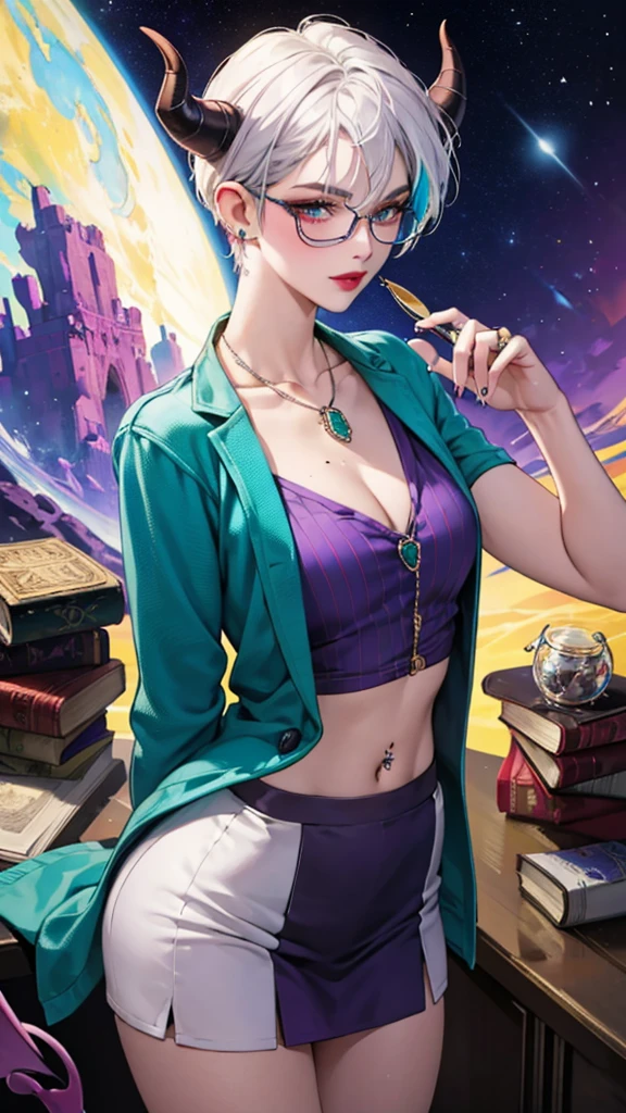 8k, masterpiece, best quality, highly detailed, 1girl, tiefling, warlock, solo, multicolored hair, very short straight hair green highlight hair on white hair, strippled hair, wearing glasses, round glasses, earrings, necklace, navel piercing, collarbone, cleavage, short tight skirts, high heels, mole, glamorous, teal and purple clothing, villainy, smirk, seductive pose, close ups view, rings, looking at viewer, standing, demon horns, graveyard, skeletons, midnight, blue moon.