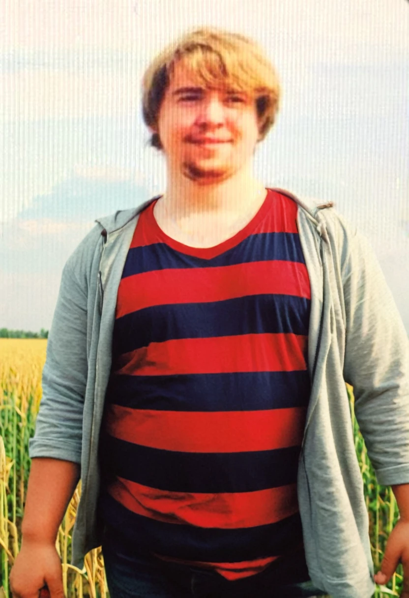 A man is standing in the field, tight red t-shirt, chubby, fat, he has a round belly, thick love handles, he is tall, ex-joock,