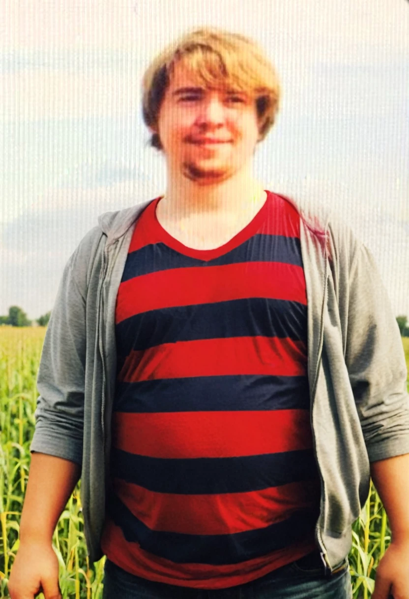 A man is standing in the field, tight red t-shirt, chubby, fat, he has a round belly, thick love handles, he is tall, ex-joock,