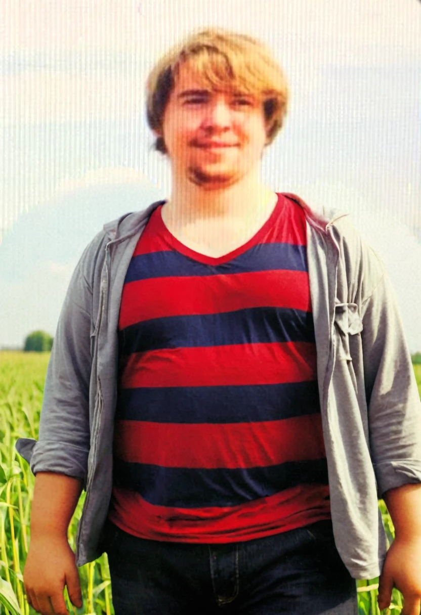 A man is standing in the field, tight red t-shirt, chubby, fat, he has a round belly, thick love handles, he is tall, ex-joock,