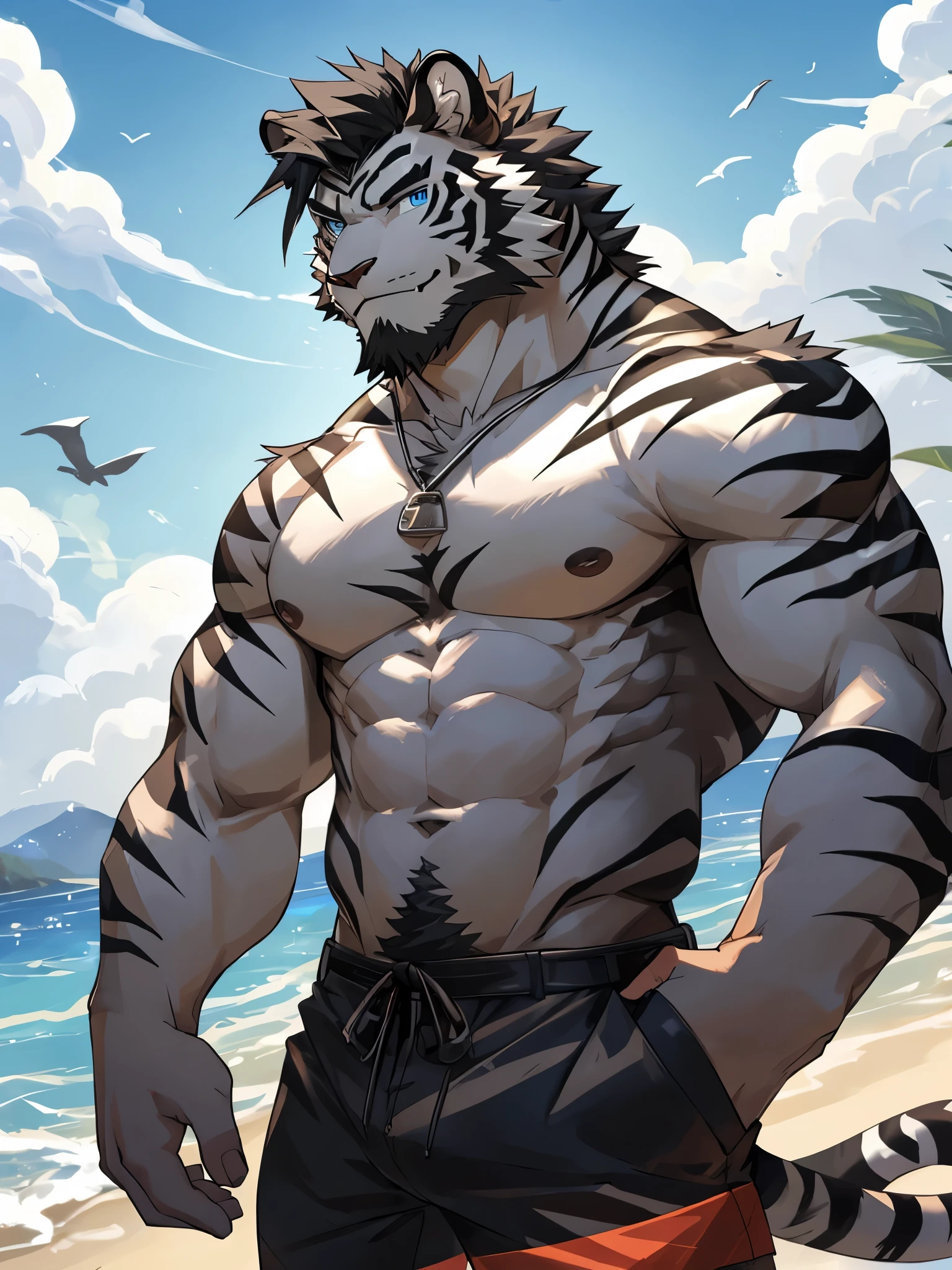 Masterpiece, Solo, Furry Black White Tiger, Blue Eyes, Medium Black Hair, Medium Black Facial Hair, Muscular Body, Cool Pose, Handsome, Good Looking, Adult, Fierce, Smirking mouth open, Summer outfit, summer background