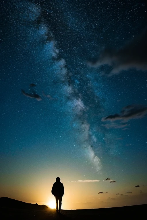 Highest quality,Big moon and shadow,A silhouette of a person can be seen against the backdrop of a large moon.,There is one full moon,There is a mood,Beautiful scenery,Starry Sky