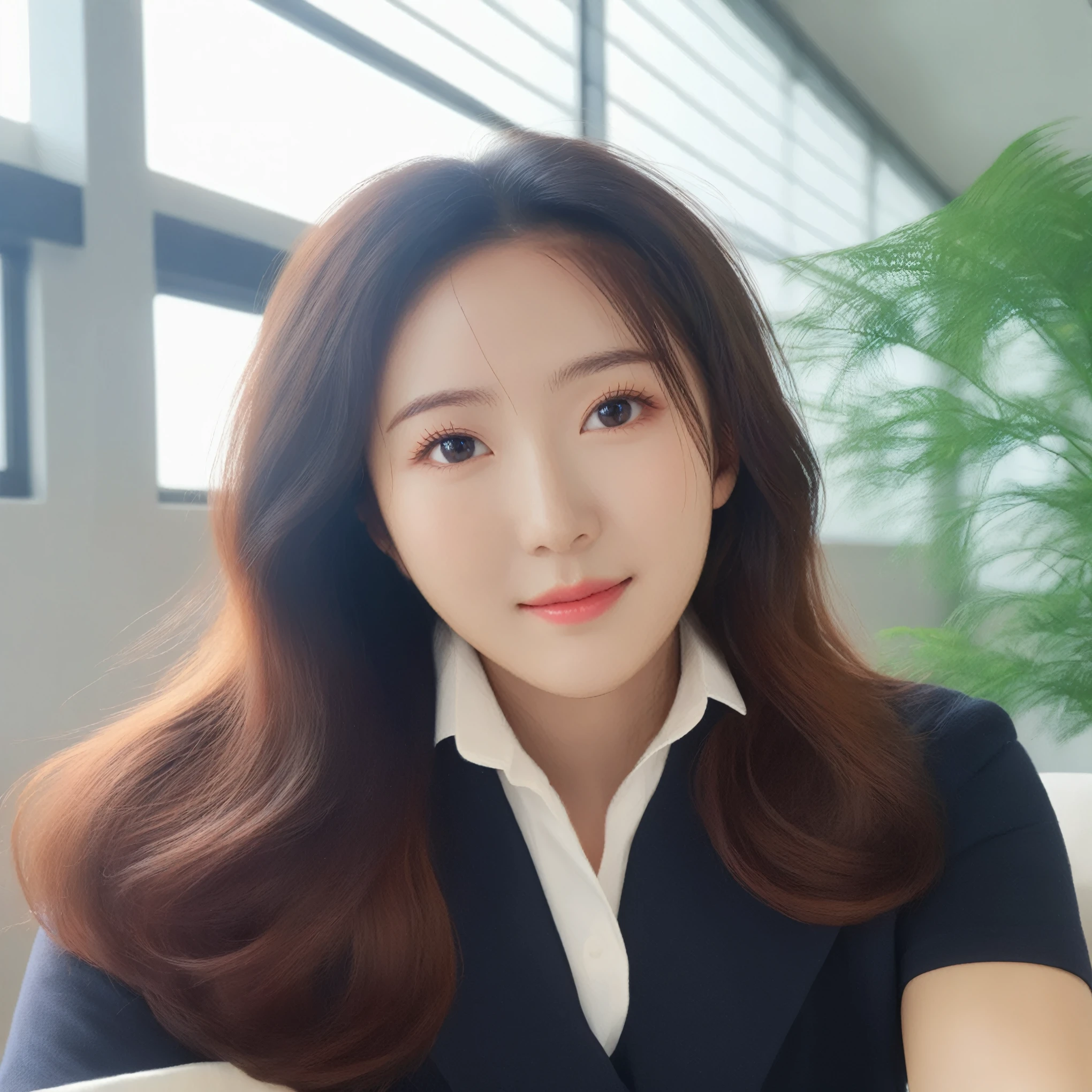 Best Quality, 8k, Masterpiece, (Portrait: 1.3), (photo realistic:1.4), (hyper realistic:1.4), Sharp Focus, looking at viewer, (smoother lighting:1.1), (increase cinematic lighting quality:0.9), realistic lighting, backlighting, light on face, ray trace, (brightening light:1.2), (Increase quality:1.4), sharp detail, (best quality real texture skin:1.4), finely detailed eyes, black_eyes, finely detailed face, 25 year old Korean woman,smiling_face