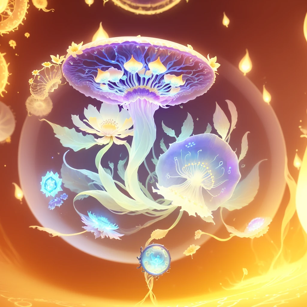 There is a picture of a plate,There is a flower on it, Has a blooming and ethereal effect, Rotating glowing marine plants, Magic spell icon, jellyfish elements, Capability Image, ethereal essence, Fantasy game spell symbols, Victorian Era,jellyfish elements, Fantasy game spell icons, Stylized art, Fantasy magic vegetation, World of Warcraft Spell Icons, Fractal fungi, Mysterious vortex