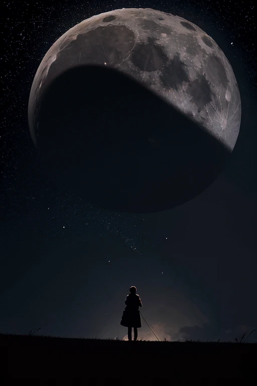 Highest quality,Big moon and shadow,A silhouette of a person can be seen against the backdrop of a large moon.,There is one full moon,There is a mood,Beautiful scenery,Starry Sky
