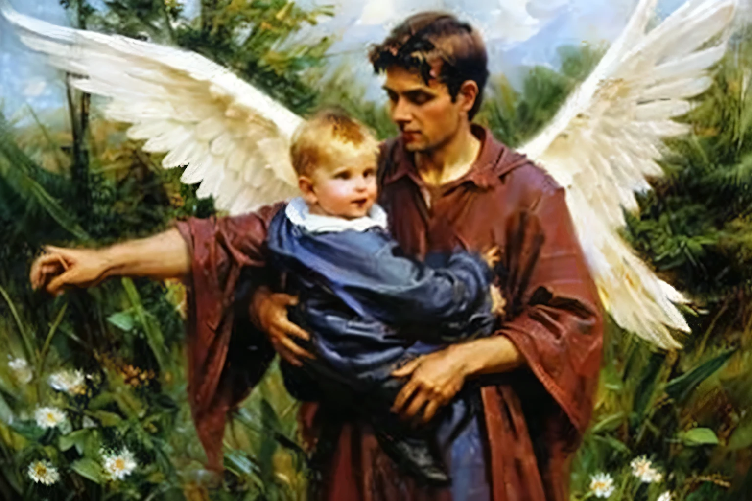 male angel with big white wing flying while carried male , high detail, oil painting style